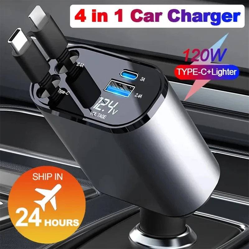 Retractable Car Charger 4 in 1 Fast Car Phone Charger 120W with USB Type C Cable