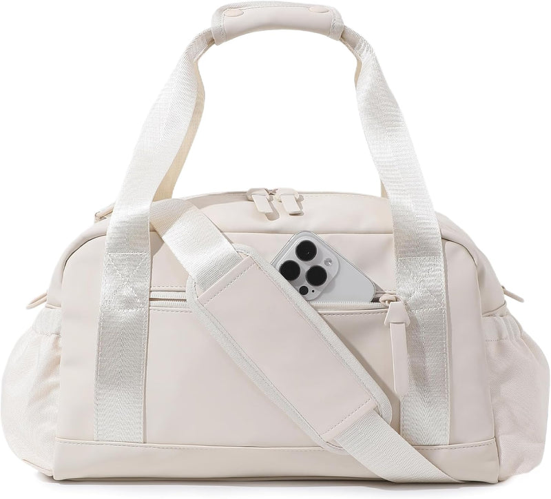 Small Gym Bag for Women, Mini Crossbody Gym Duffle Bag with Wet Compartment, Carry on Gym Tote Bag for Workout Dance Sport Travel (Mini-Beige)